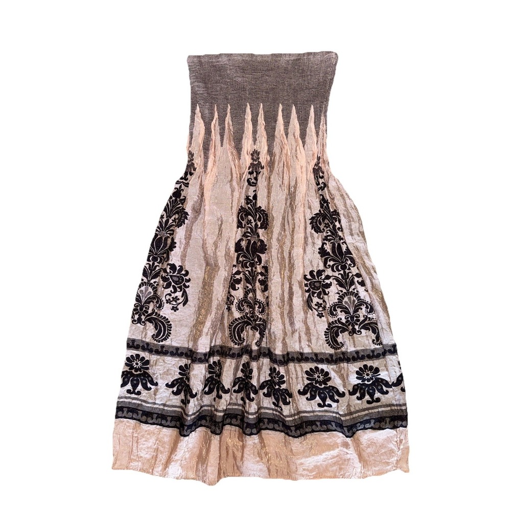 Lapis OS Tube Metallic Blush Gold Black Floral Print Midi Dress Adjust Length